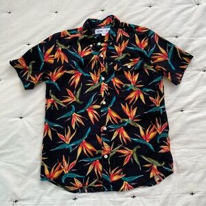 Old Navy Boys XL 14-16 Shirt Hawaiian Tropical Floral Black Teal Flex Stretch